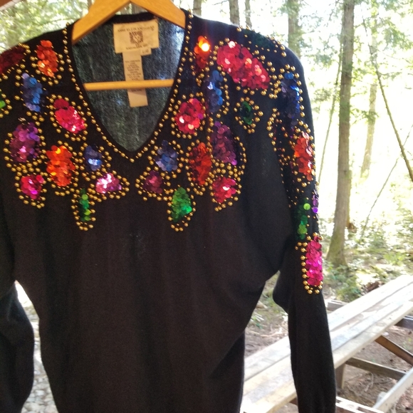 Large Anne Klein Knitwear ladies Sequin Sweater black rainbow long sleeve v neck - Picture 7 of 11